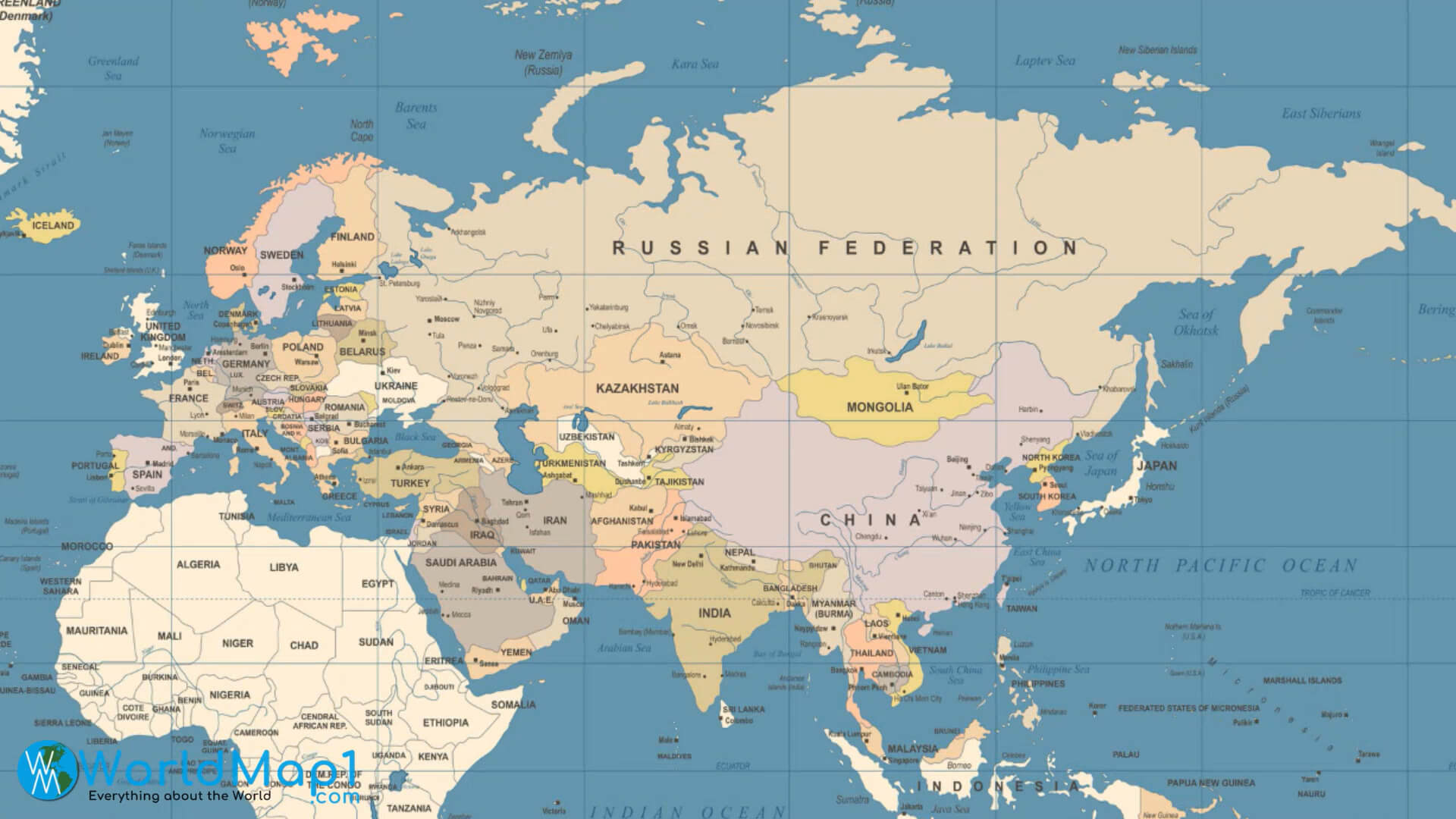 Avrupa Asya ve Afrika ile Rusya Federasyonu Haritası